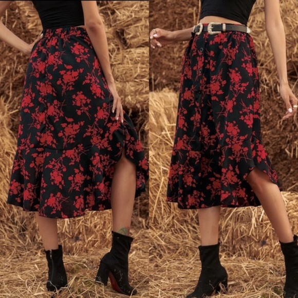 Boho Red Black Ruffle Button Midi Skirt - Picture 6 of 6